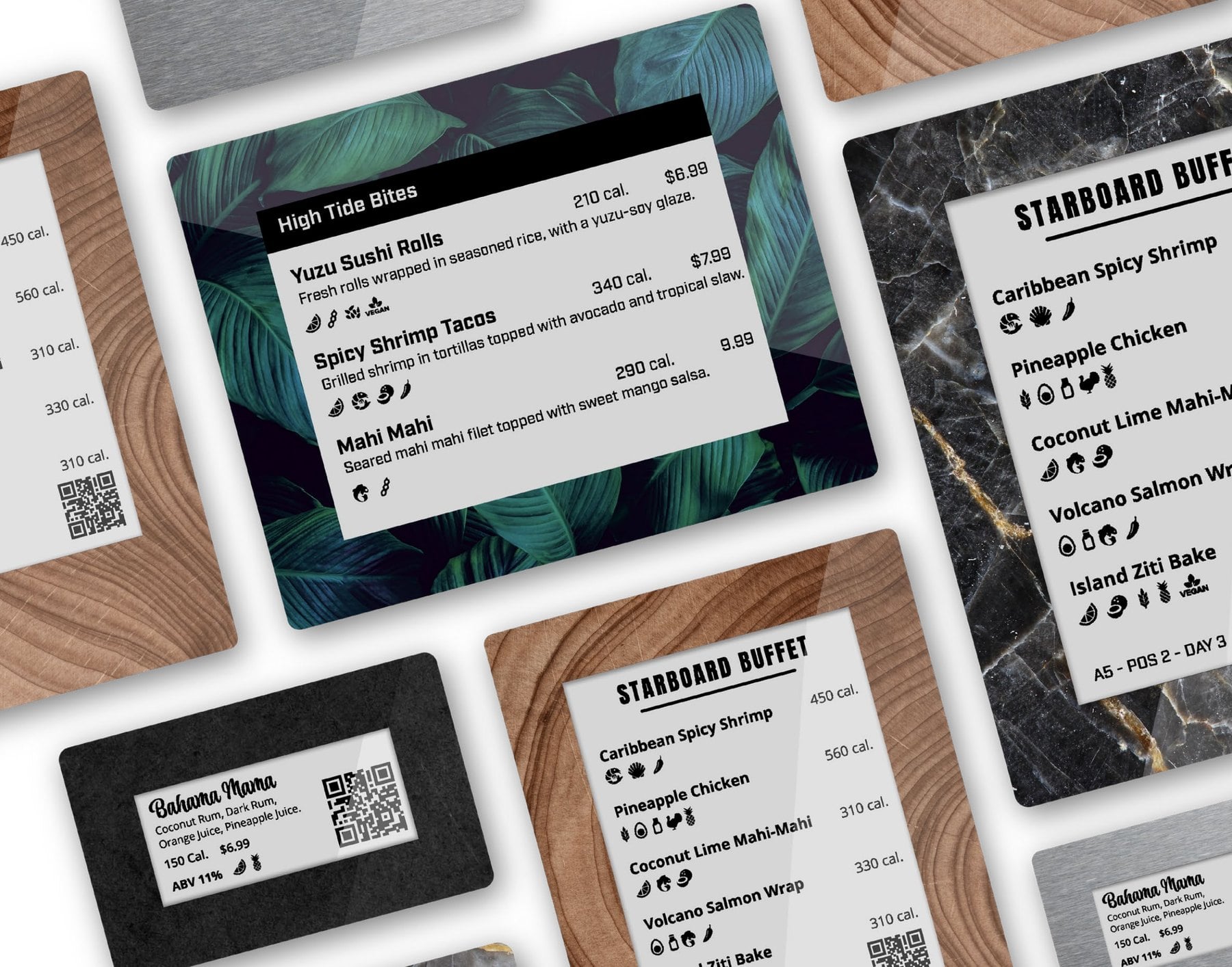 E-ink labels in wood, marble, tropical leaf, and brushed metal frames showing Starboard Buffet and High Tide Bites menus and a Bahama Mama cocktail card