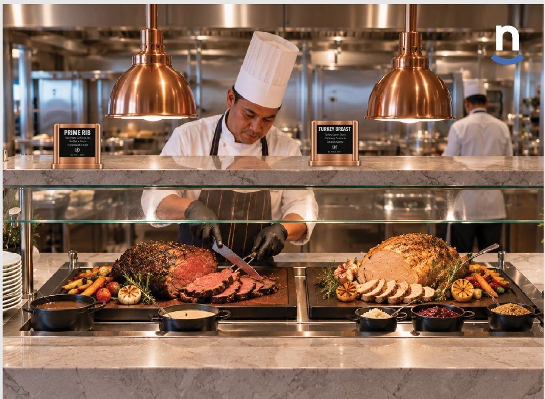 Carving station with prime rib and turkey breast labeled by e-ink labels