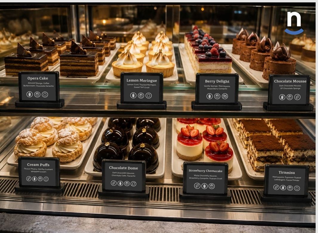 Dessert display case with black e-ink labels for each pastry