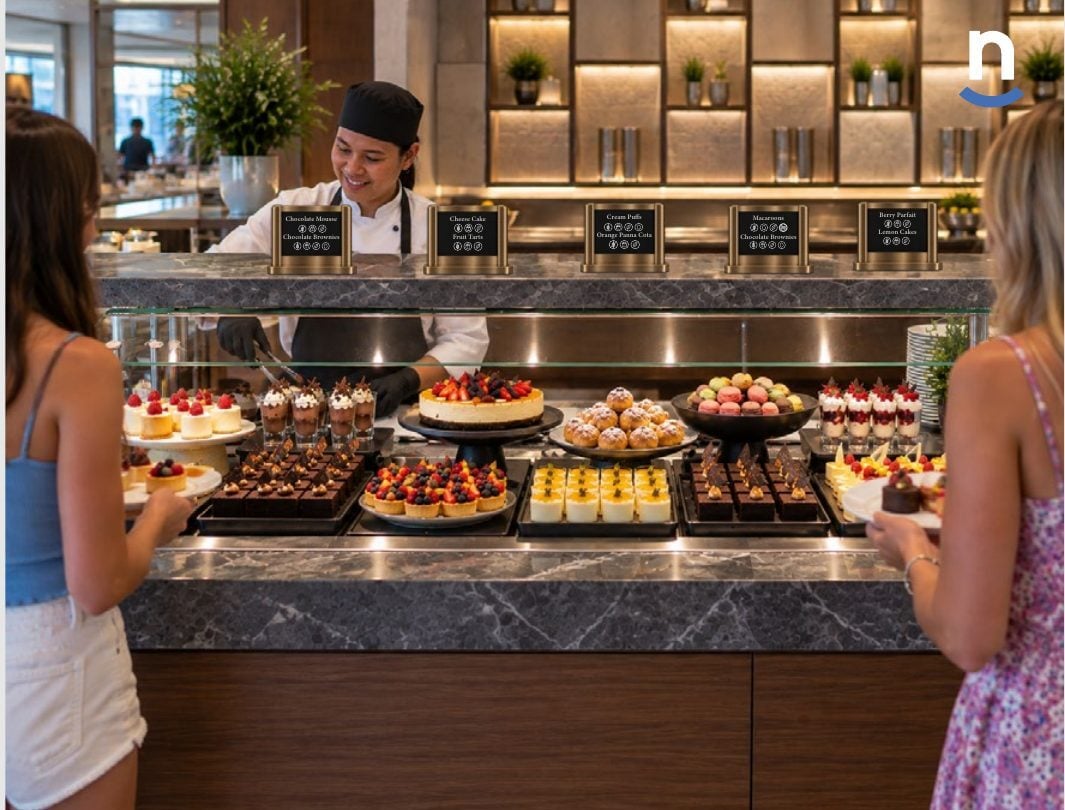 Guests choosing desserts at a labeled buffet station