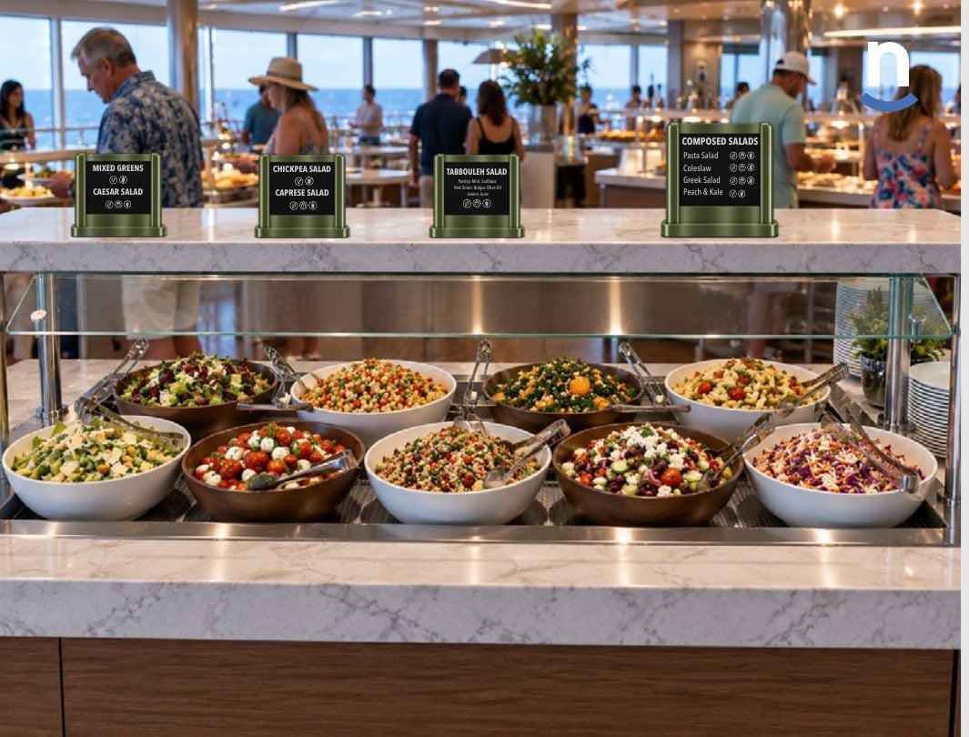 Composed salad station with green-framed e-ink labels