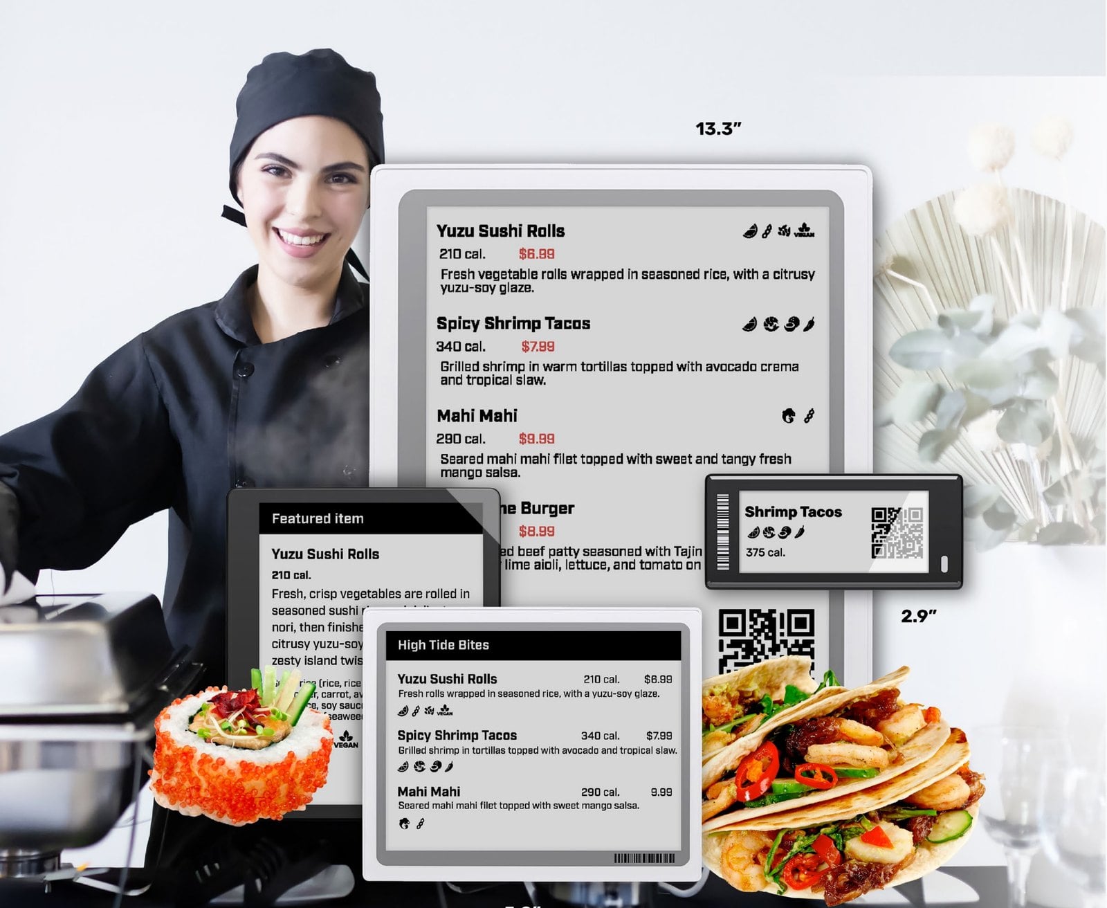Crew member at a buffet station beside Spotlight e-ink labels in 13.3, 5.8, and 2.9 inch sizes showing dish names, calories, prices, dietary icons, and QR codes