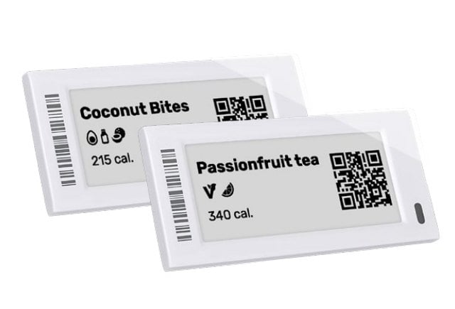 Two e-ink labels showing Coconut Bites and Passionfruit tea with calories, dietary icons, and QR codes