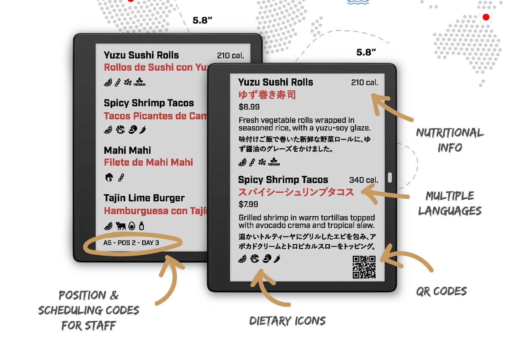 Annotated 5.8 inch label showing nutritional info, multiple languages, dietary icons, QR codes, and staff position and scheduling codes