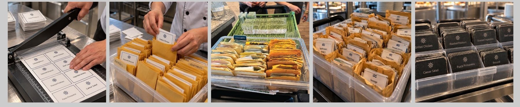 Printed buffet labels being cut, filed into envelopes, sorted in crates, and displayed worn on a buffet line